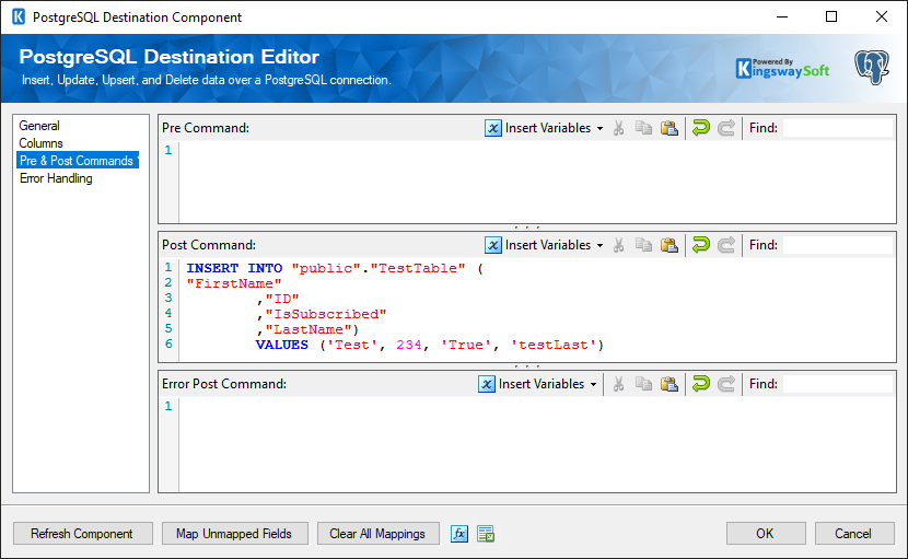 PostgreSQL Destination - Pre & Post Commands Page